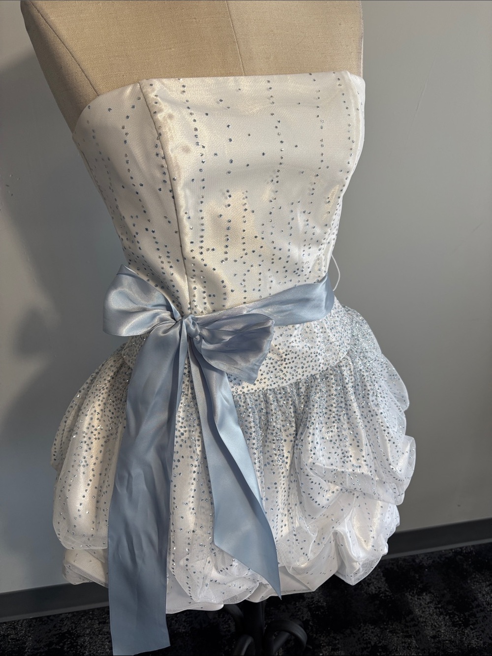 Jessica McClintock White Sequin Strapless Dress with Light Blue Satin Bow